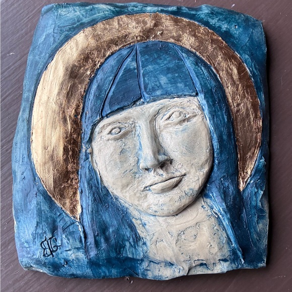 Barbara Ganner Other - Signed Ceramic Relief Sculpture Plaque of The Virgin Mary Gold Turquoise Cream